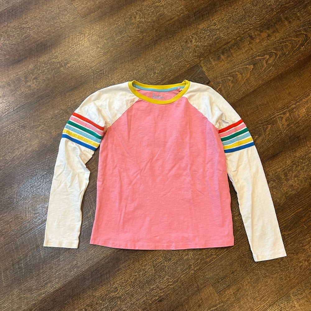 Mini Boden Pink and White Long Sleeve Tee with Striped Sleeves